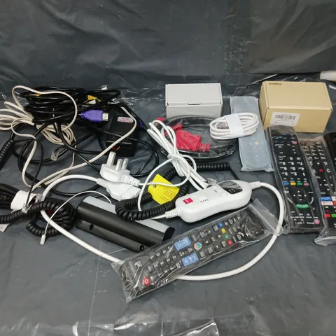 BOX OF APPROXIMATELY 8 ASSORTED ITEMS TO INCLUDE - WIRES, REMOTES, AND PLUGS ETC.