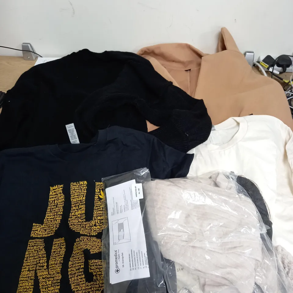 LARGE BOX OF ASSORTED CLOTHING ITEMS IN VARIOUS COLOURS AND SIZES INCLUDING TROUSERS , TOPS AND JUMPERS 