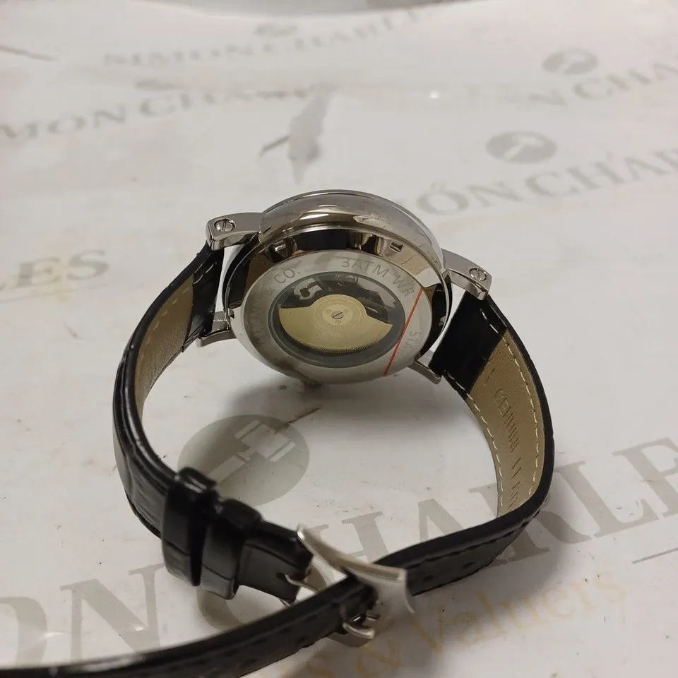 MENS ZIHLMANN & CO AUTOMATIC WATCH – Z150 – MOONPHASE DIAL – GLASS EXHIBITION BACKCASE - SILVER COLOUR CASE – BLACK LEATHER STRAP