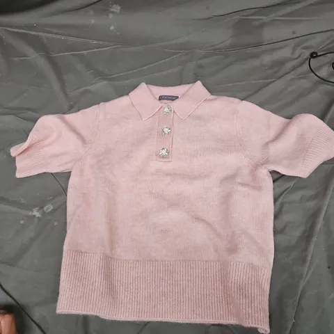 GIRLS' PINK KNIT POLO SWEATER WITH COLLAR AND RHINESTONE BUTTONS