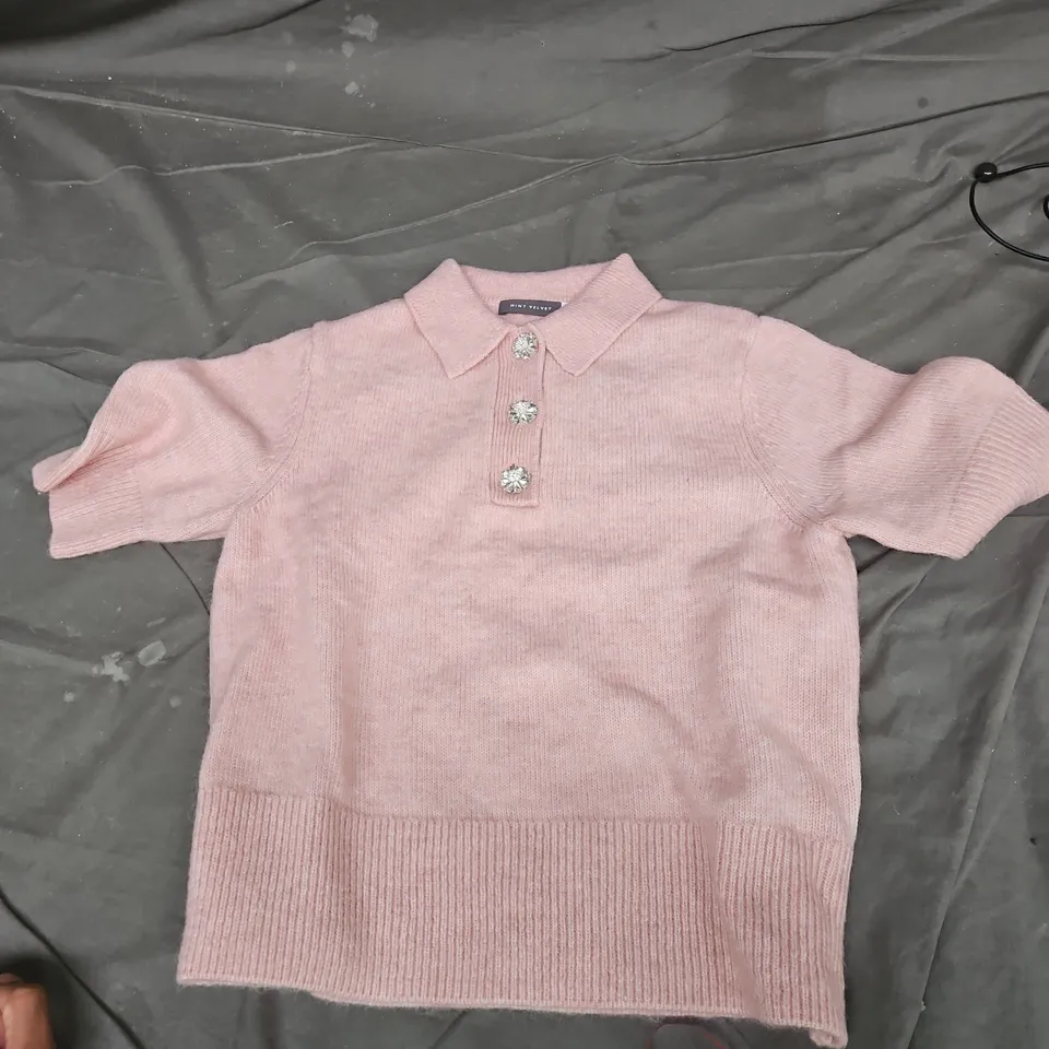 GIRLS' PINK KNIT POLO SWEATER WITH COLLAR AND RHINESTONE BUTTONS