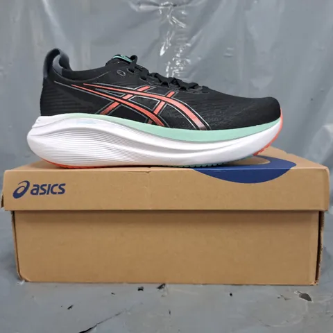 BOXED PAIR OF ASICS GEL-NIMBUS 27 TRAINERS IN BLACK/CORAL SIZE UK 6