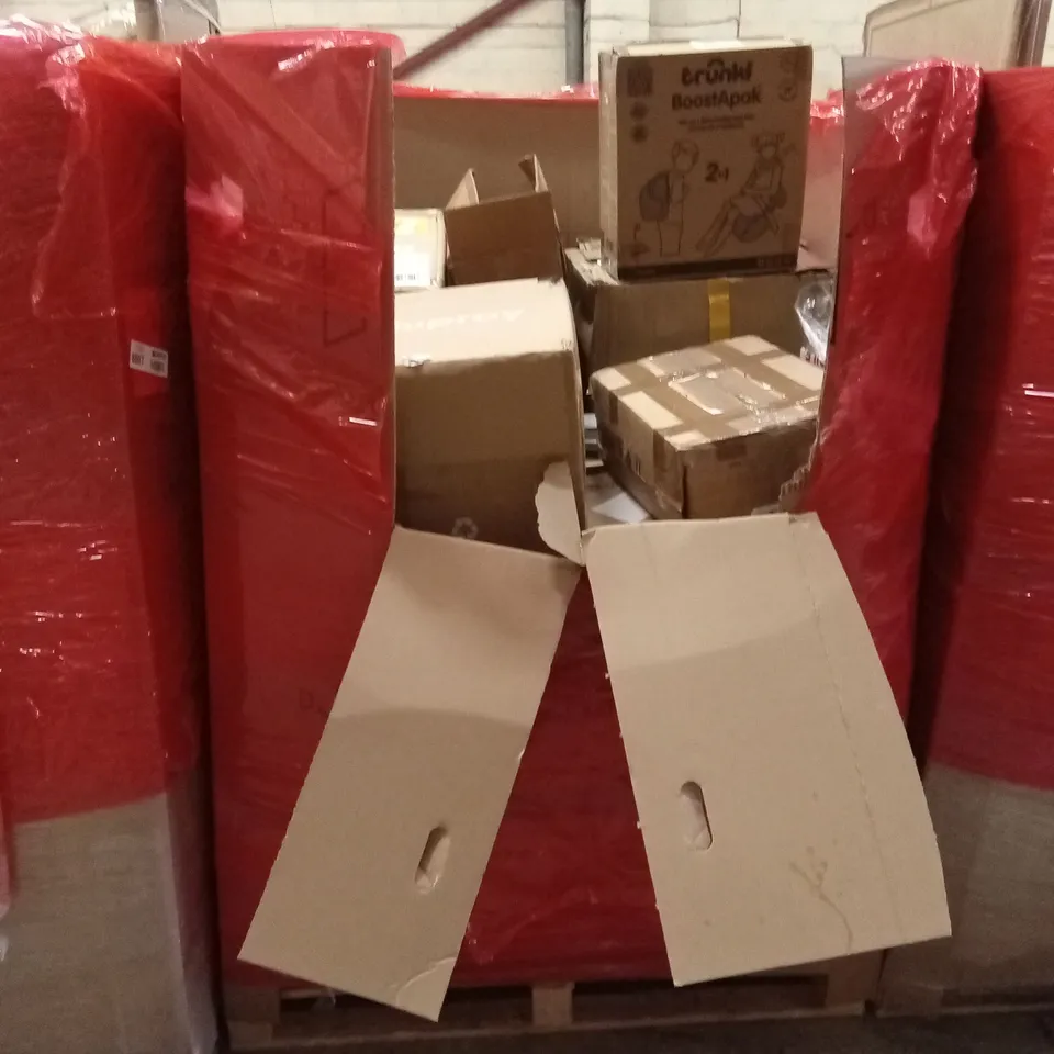 PALLET OF ASSORTED HOUSEHOLD GOODS AND PRODUCTS TO INCLUDE; KIDS AND NURSERY PRODUCTS, BOXED FURNITURE ETC