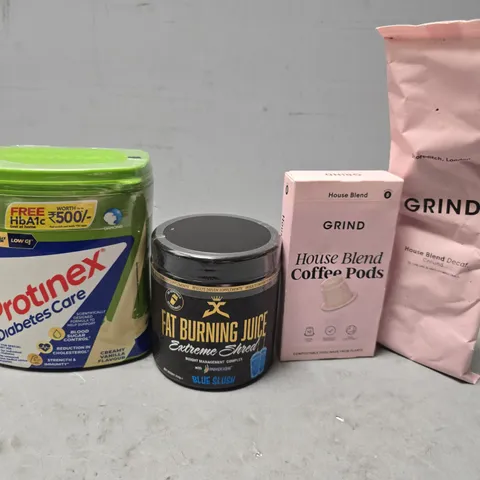 APPROXIMATELY 10 ASSORTED DRINKS ITEMS TO INCLUDE - GRIND HOUSE BLEND , FAT BURNING JUICE ETC