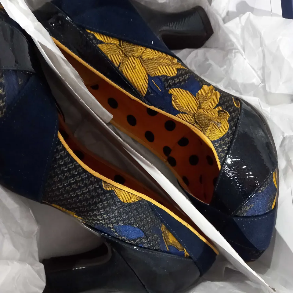 BOXED RUBY SHOO LULU HEELED SHOES, NAVY/MUSTARD - SIZE 6