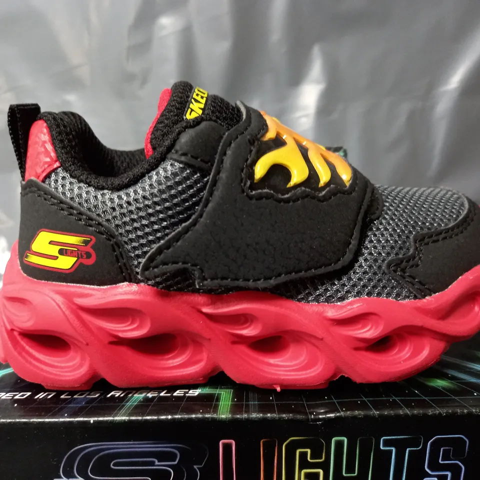 BOXED PAIR OF SKECHERS LIGHTS VELCRO TRAINERS IN BLACK/RED - KIDS UK 5