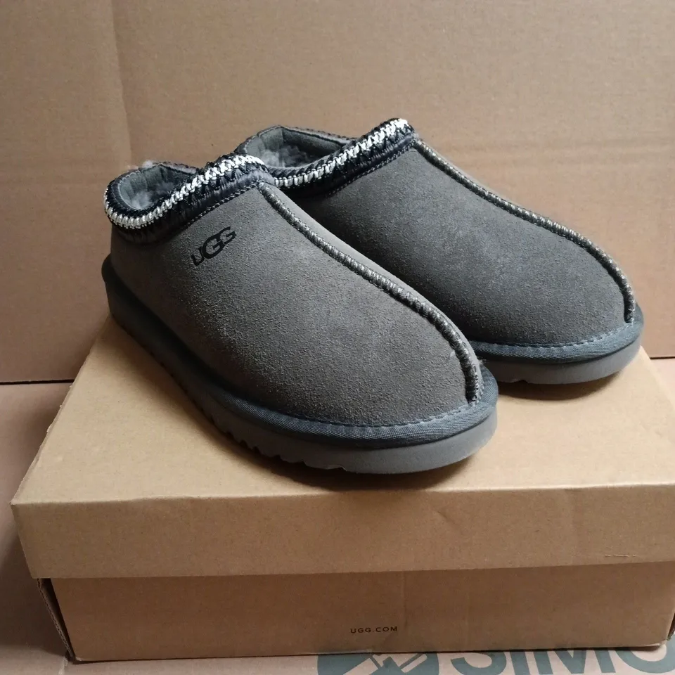 BOXED PAIR OF UGG SLIPPERS – CHARCOAL GREY SUEDE, FUR-LINED, SLIP-ON - SIZE UNSPECIFIED 