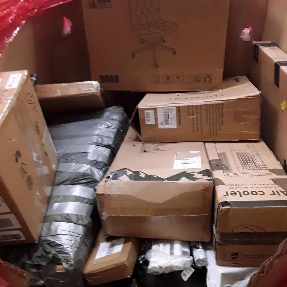 PALLET OF ASSORTED HOUSEHOLD GOODS AND PRODUCTS TO INCLUDE; ARTIFICIAL TREES, ESPRESSO COFFEE MACHINE, AIR COOLER, CHAIR, BOXED FURNITURE ETC