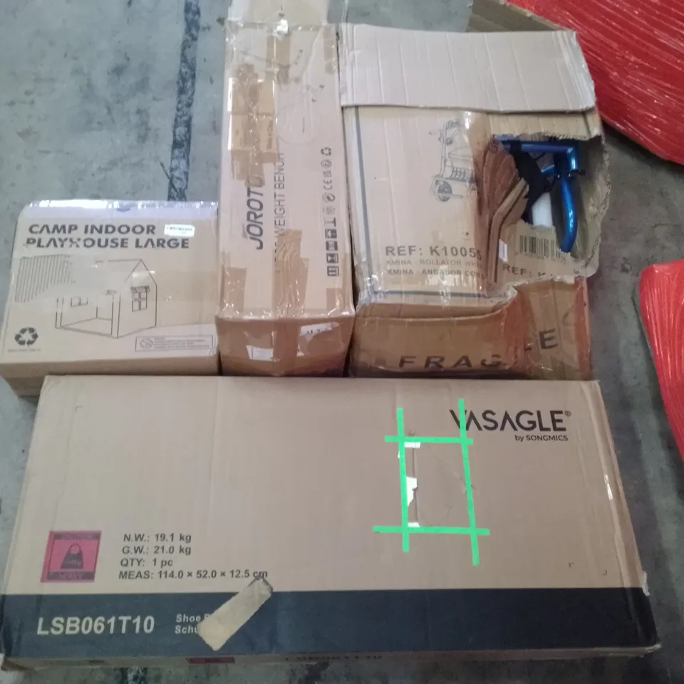 PALLET OF ASSORTED ITEMS INCLUDING VASAGLE SHOE BENCH, CAMP INDOOR PLAYHOUSE LARGE, WEIGHT BENCH, KMINA ROLLATOR WHEELCHAIR 