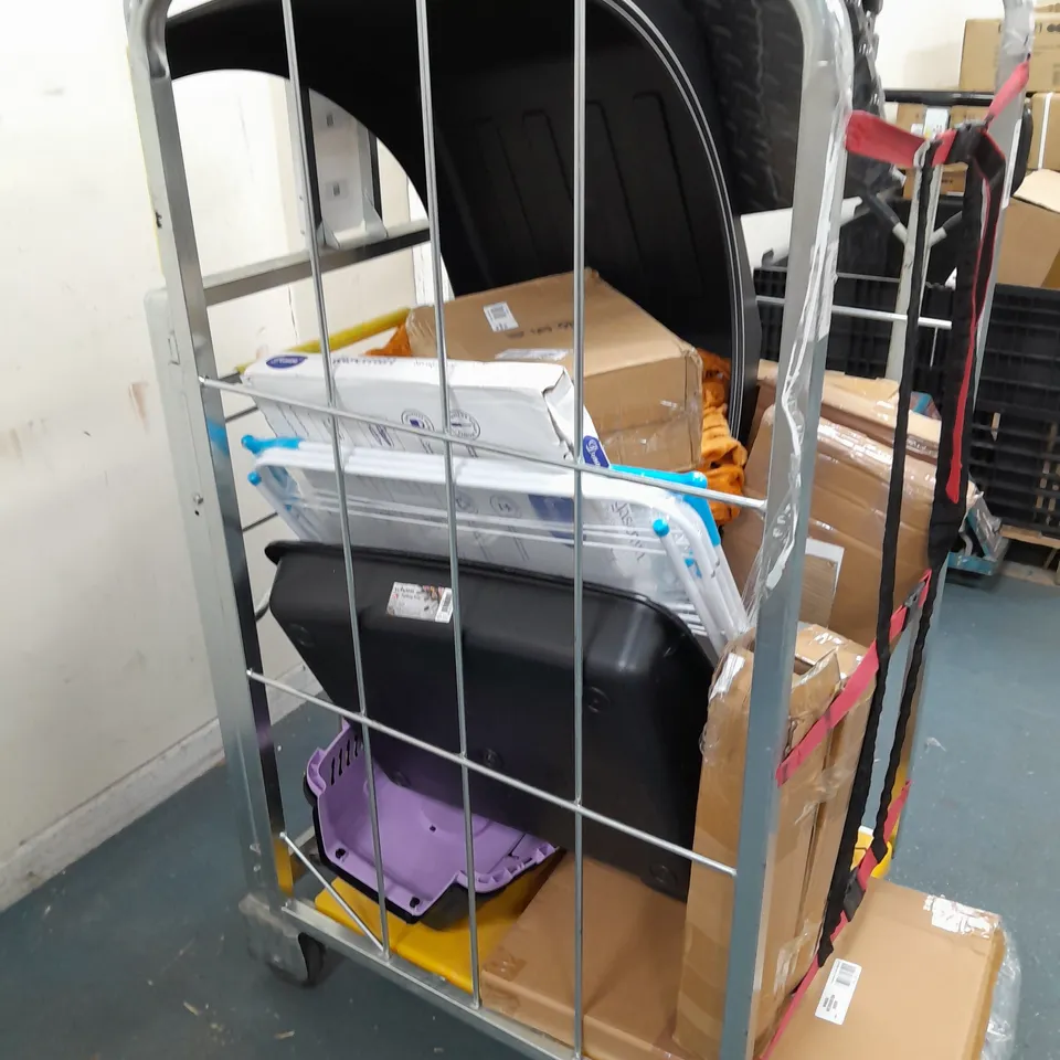CAGE OF ASSORTED HOUSEHOLD GOODS TO INCLUDE POTTING TRAY, CAT BOX, FLOOR PADDING, AND CLOTHES DRYING RACK ETC.
