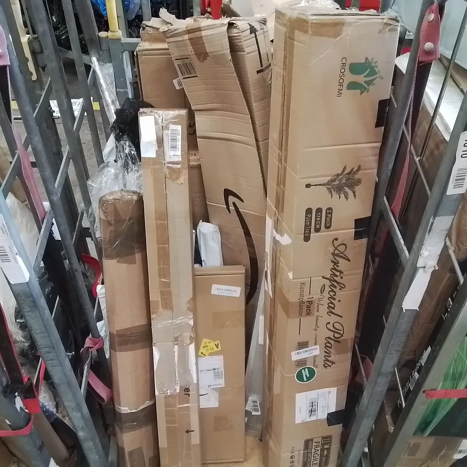 3 CAGES CONTAINING ASSORTED ITEMS INCLUDING: RETRACTABLE SAFETY GATES, ROLLING STOOL, SHOE RACK, GARDEN TOOL, YOGA MAT ECT - CAGES NOT INCLUDED 