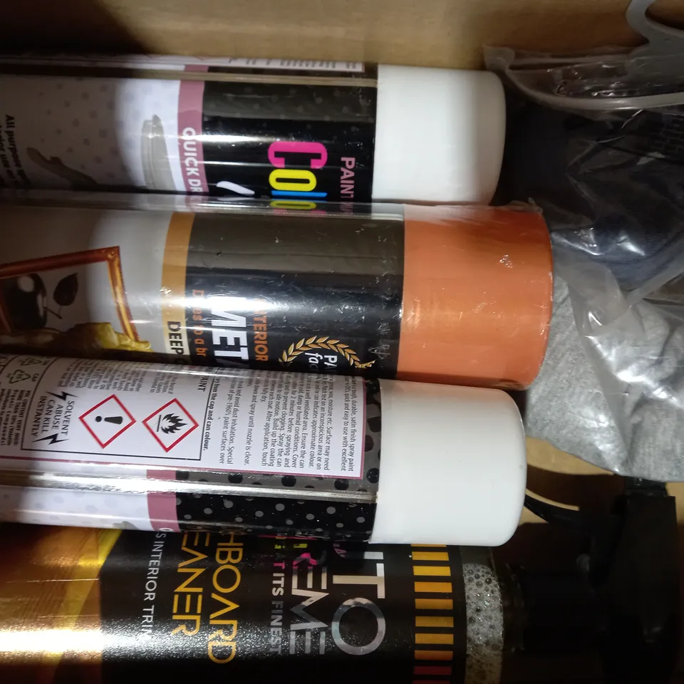 BOX OF APPROXIMATELY 5 ASSORTED HOUSEHOLD ITEMS TO INCLUDE COLOUR IT QUICK DRYING PAINT, INTERIOR & EXTERIOR METALLIC PAINT, ETC