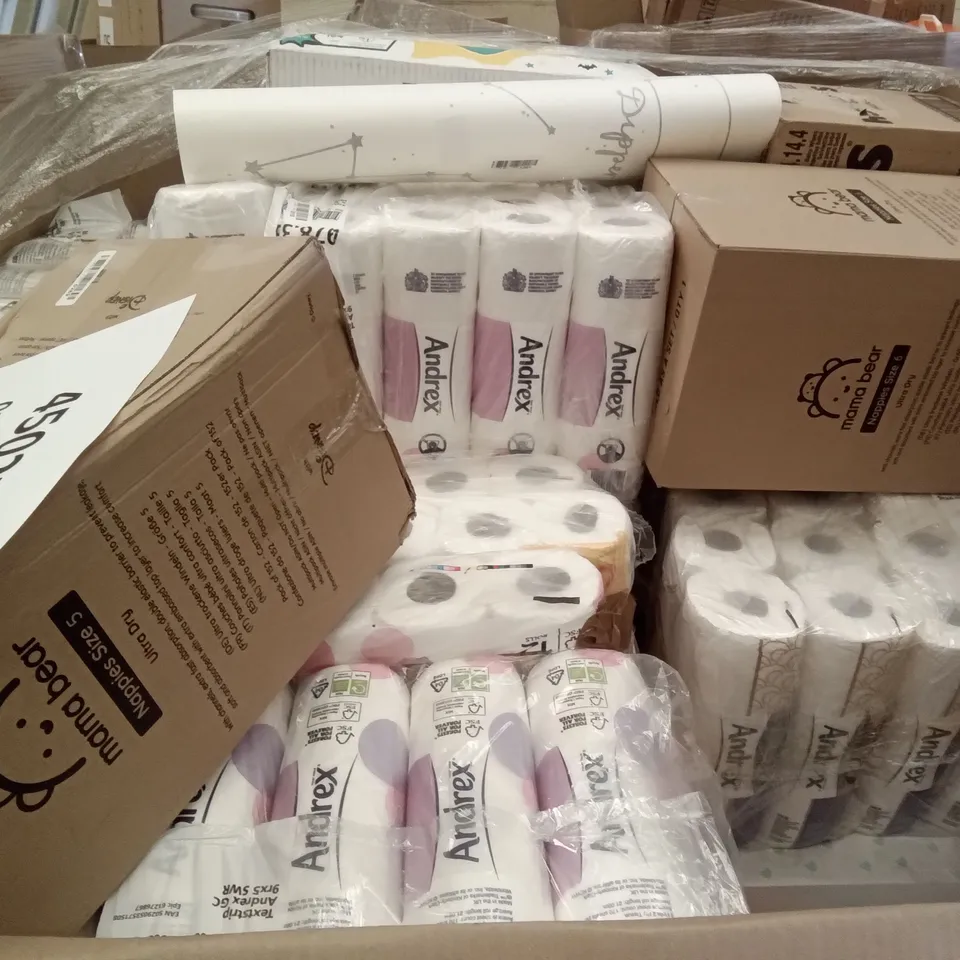 PALLET OF ASSORTED ITEMS INCLUDING MAMA BEAR ULTRA DRY NAPPIES, ANDREX FAMILY PACK, PAMPERS NAPPIES, ELEGANCE CLOUDSOFT TOILET PAPER 