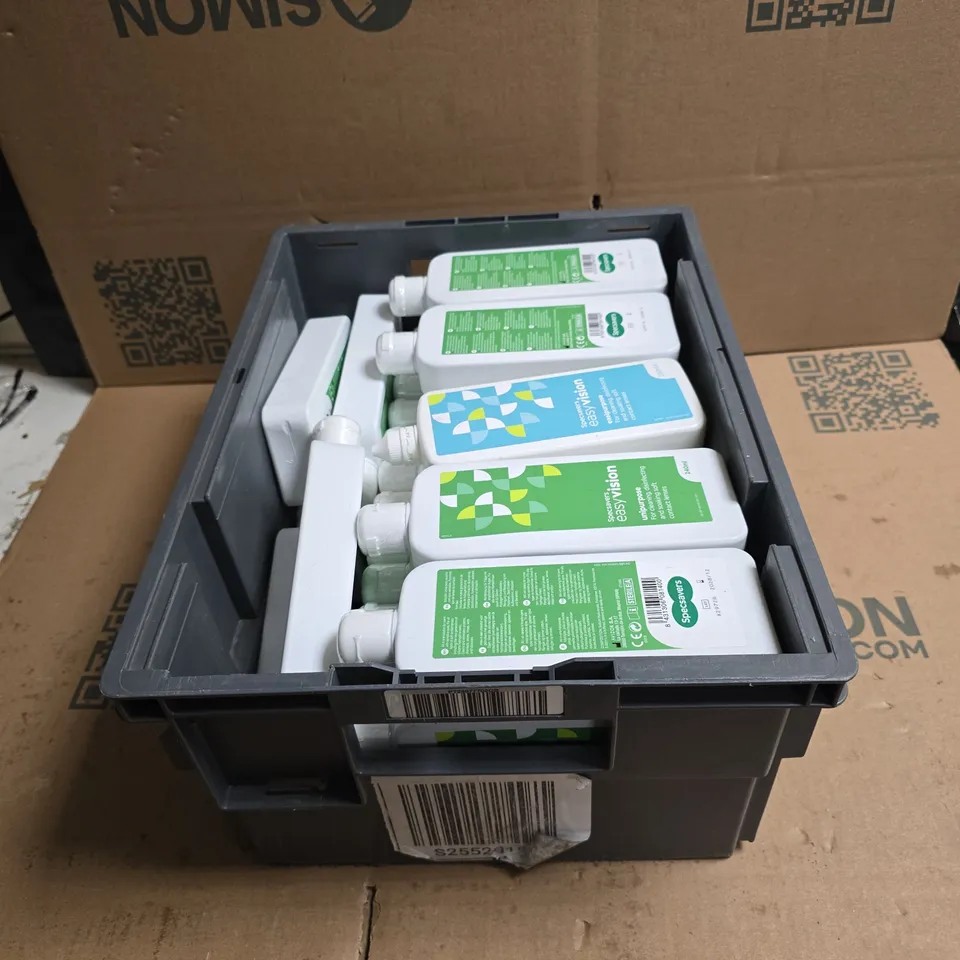 TOTE OF APPROXIMATELY 30 ASSORTED CONTACT LENS CLEANING PRODUCTS 