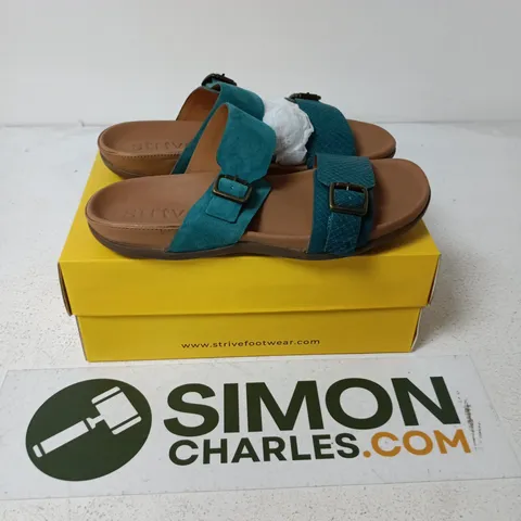 BOXED PAIR OF STRIVE CAPRERA DEEP TEEL VELOUR SANDALS - UK 6