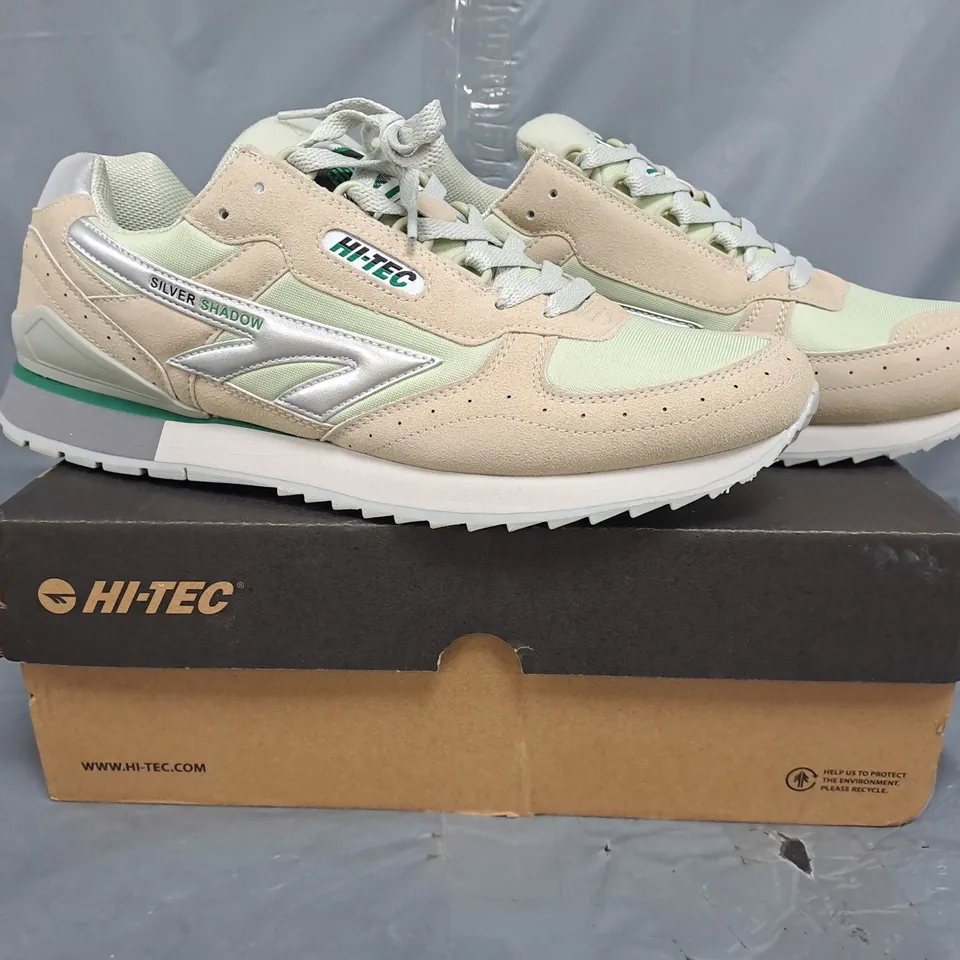 BOXED PAIR OF HI-TEC SILVER SHADOW OG SHOES IN SILVER/GREY/GREEN SIZE UK 12