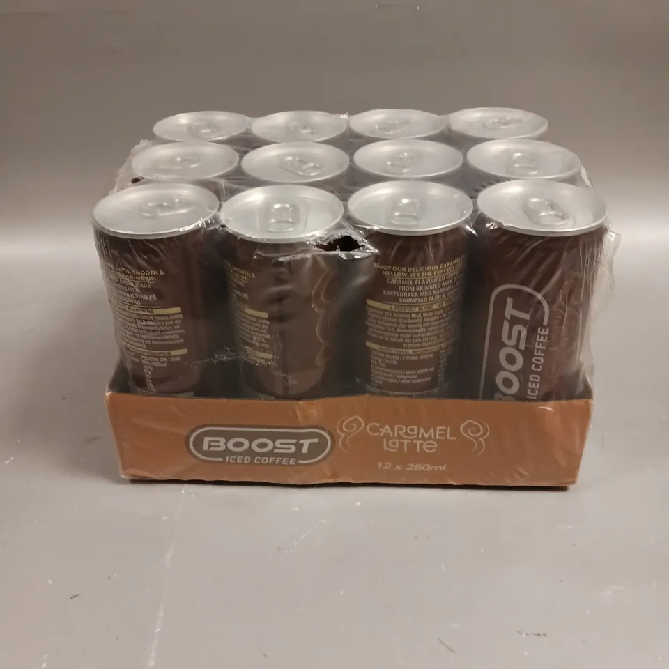 12 X SEALED BOOST ICED COFFEE DRINKS - 12 X 250ML CARAMEL LATTE 