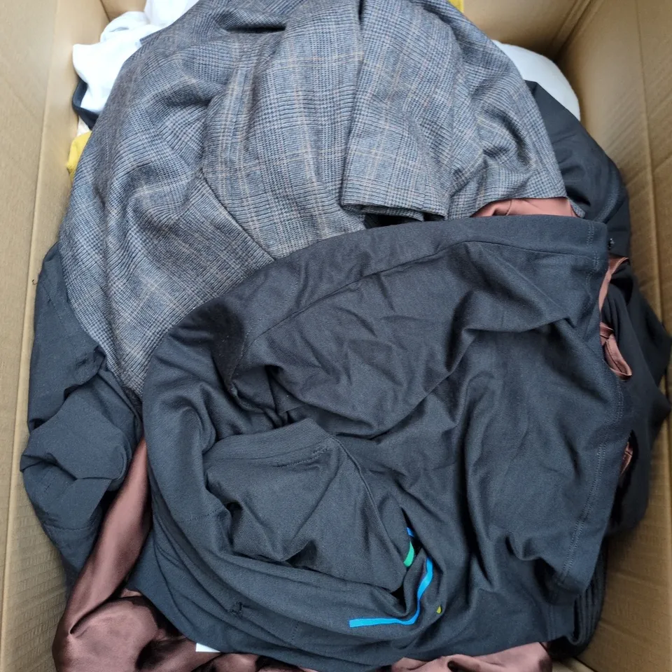 LARGE BOX OF APPROXIMATELY 25 ASSORTED CLOTHING ITEMS IN VARIOUS COLOURS, STYLES AND SIZES - COLLECTION ONLY
