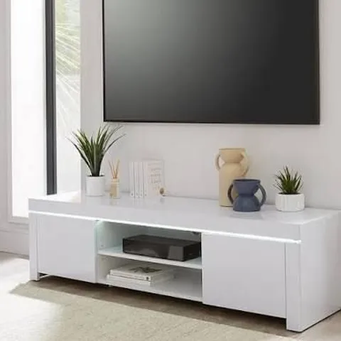 BOXED ATLANTIC GLOSS TV UNIT WITH LED LIGHTS - FITS UP TO 60 INCH TV - WHITE