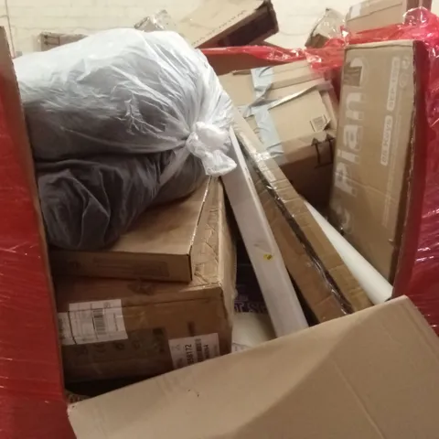 PALLET OF ASSORTED HOUSEHOLD GOODS AND PRODUCTS TO INCLUDE; TOILET SEATS, ELECTRIC PIANO, BOXED FURNITURE ETC