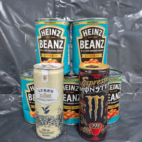 APPROXIMATELY 10 ASSORTED FOOD ITEMS TO INCLUDE ESPRESSO MONSTER, HEINZ BEANS, ETC