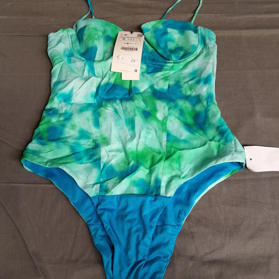 ZARA SWIMSUIT WITH ZIP AND POPPER FASTENING. GREEN/BLUE SIZE S