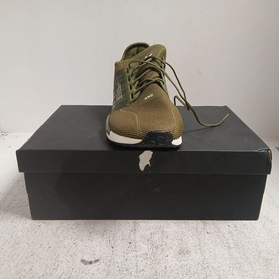 BOXED PAIR OF ADIDAS NMD_R1 V2 TRAINERS IN ARMY GREEN SIZE UK 11
