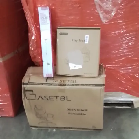 PALLET OF ASSORTED HOUSEHOLD GOODS AND PRODUCTS TO INCLUDE;DESK CHAIR,PLAY TENT,SOLAR STAKE LIGHT