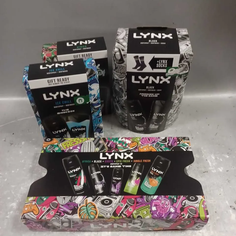 LOT OF 4 ASSORTED LYNX BOXSETS TO INCLUDE - IT'S GAME TIME BODYSPRAY SET - BLACK SOCKS SET - ICE CHILL BODY DUO - ETC