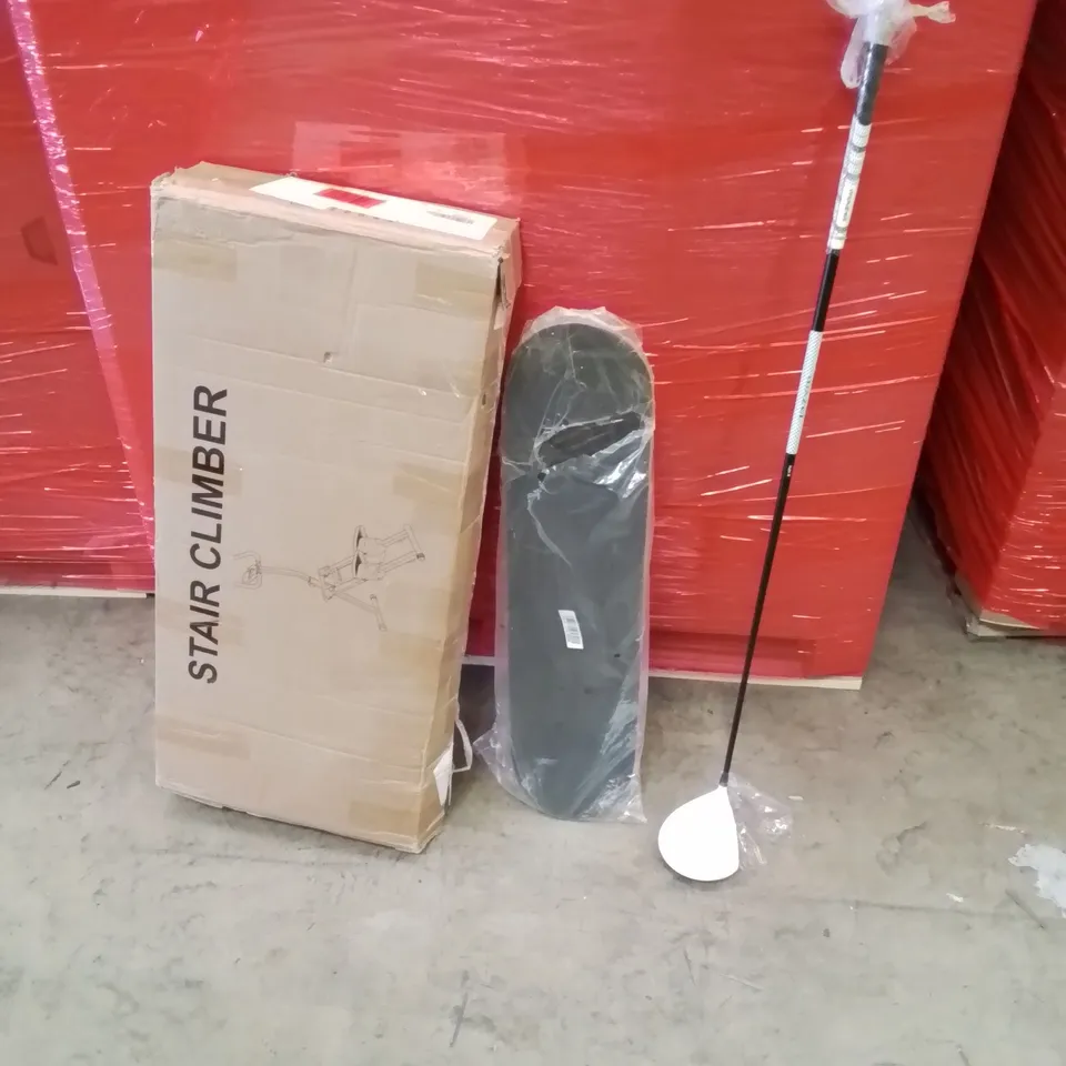 PALLET OF ASSORTED HOUSEHOLD GOODS AND PRODUCTS TO INCLUDE; GOLF CLUB, SKATEBOARD, STAIR CLIMBER, BOXED FURNITURE ETC