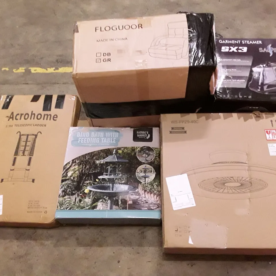 PALLET OF ASSORTED PRODUCTS INCLUDING 2.9M TELESCOPIC LADDER, BIRD BATH WITH FEEDING TABLE, GARMENT STEAMER, CEILING FAN WITH LIGHT, FLOOR CHAIR