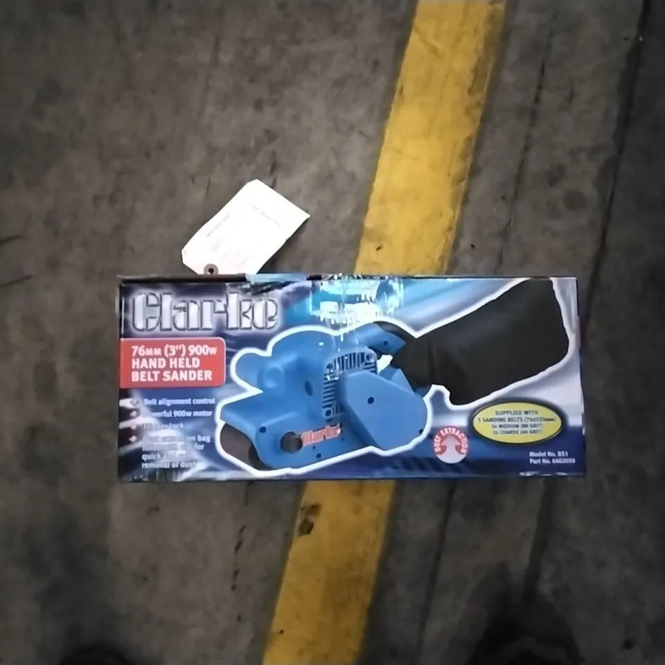 BOXED CLARKE 76MM 900W HAND HELD BELT SANDER