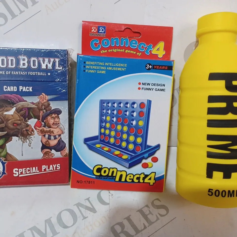 APPROXIMATELY 10 ASSORTED TOYS AND GAMES TO INCLUDE FOAM PRIME BOTTLE, CONNECT 4, BLOOD BOWL CARD PACK, ETC