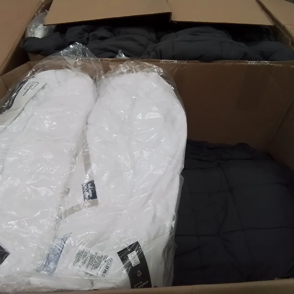 TWO LARGE BOXES OF ASSORTED PILLOWS AND WEIGHTED BLANKETS
