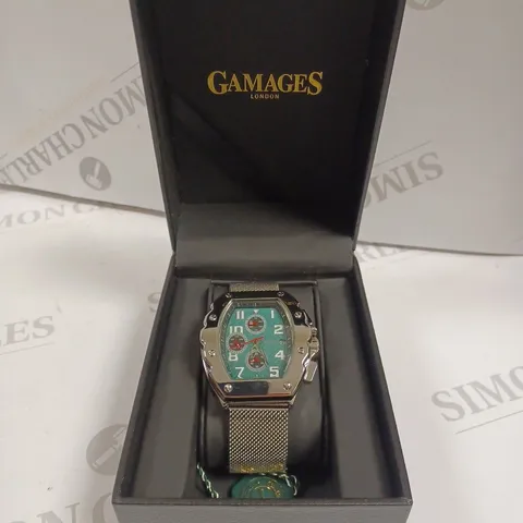 GAMAGES DIMENSIONAL STEEL MESH BAND GREEN DIAL WATCH