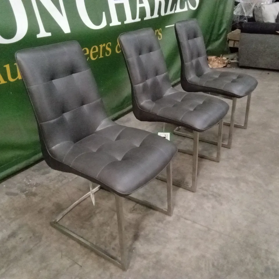 SET OF 3 DESIGNER GREY LEATHER CHAIRS