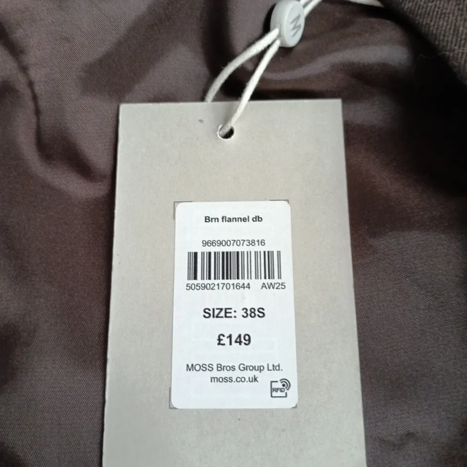 MOSS BROS BROWN FLANNEL DOUBLE-BREASTED SUIT JACKET – SIZE 38S