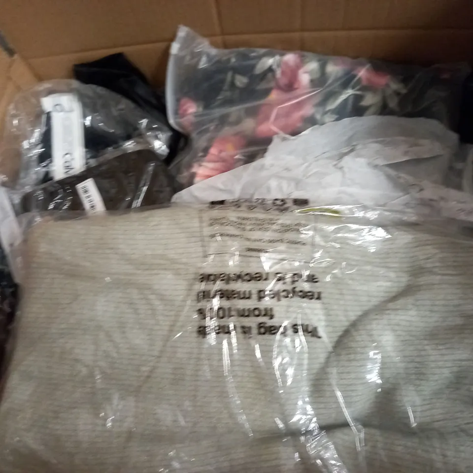 BOX OF ASSORTED CLOTHING ITEMS TOO INCLUDE JUMPERS, SHIRTS AND TROUSERS IN VARIOUS SIZES AND COLOURS   