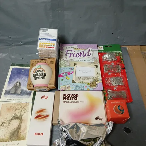 BOX OF ASSORTED HOUSEHOLD ITEMS TO INCLUDE CARDSM MONEY BOX AND AIR UP