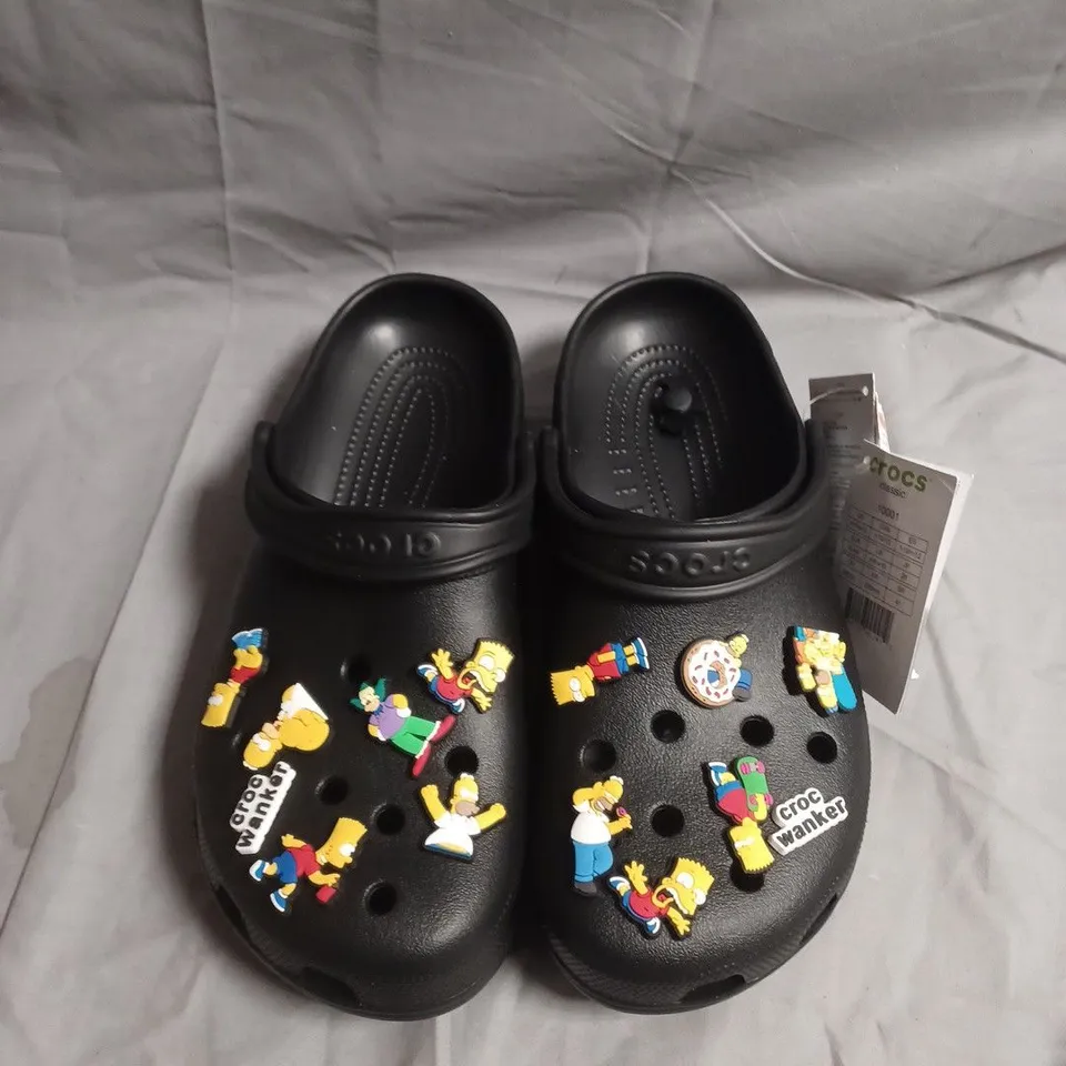 PAIR OF CROCS CLASSIC CLOGS WITH SIMPSONS CHARACTERS - UK SIZE M9 / W10
