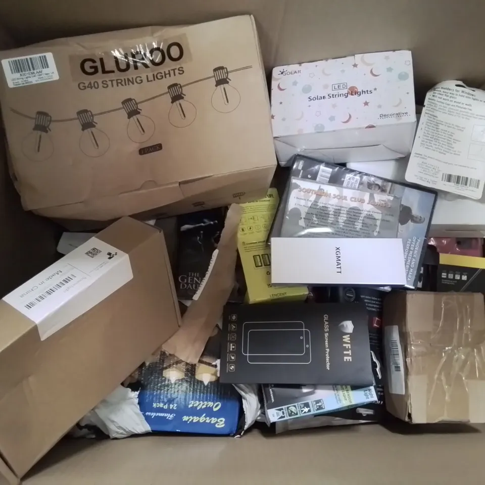 BOX CONTAINING LARGE AMOUNT OF MIXED BOXED ELECTRICAL ITEMS PHONE ACCESSORIES LIGHTING ETC.