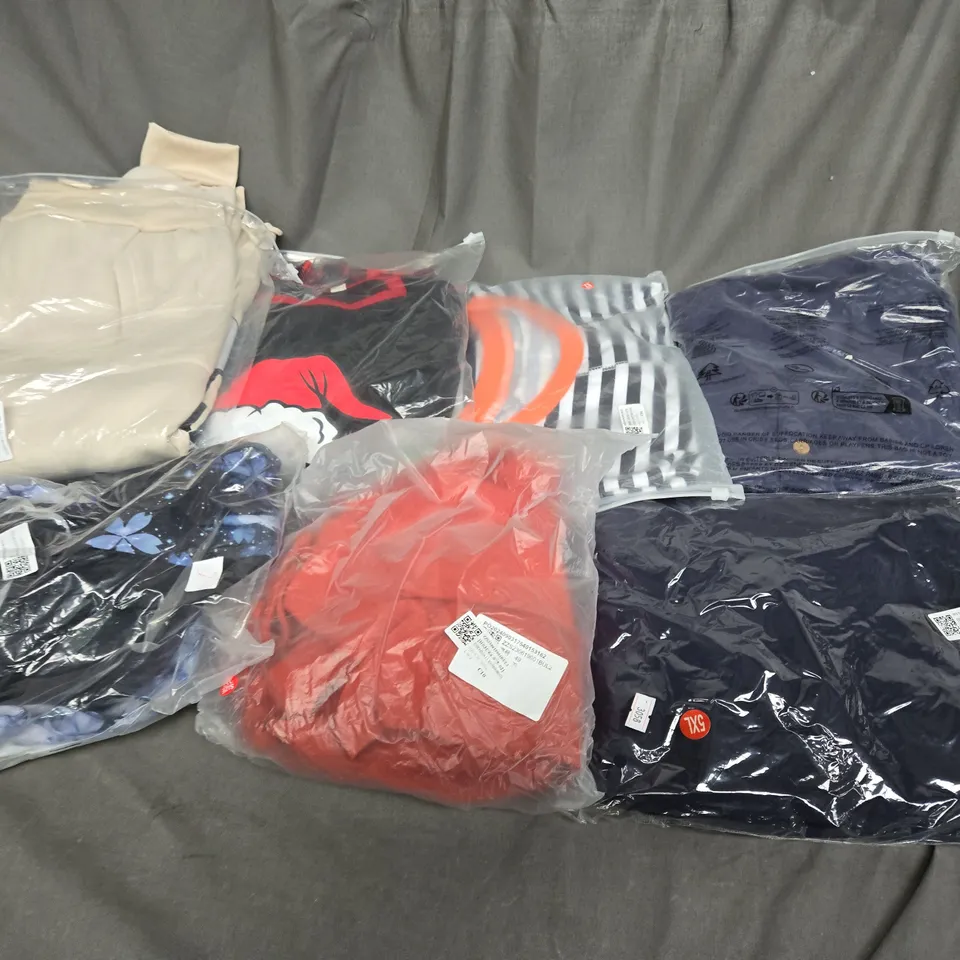 LARGE BOX OF ASSORTED CLOTHING ITEMS IN VARIOUS COLOURS, SIZES AND STYLES