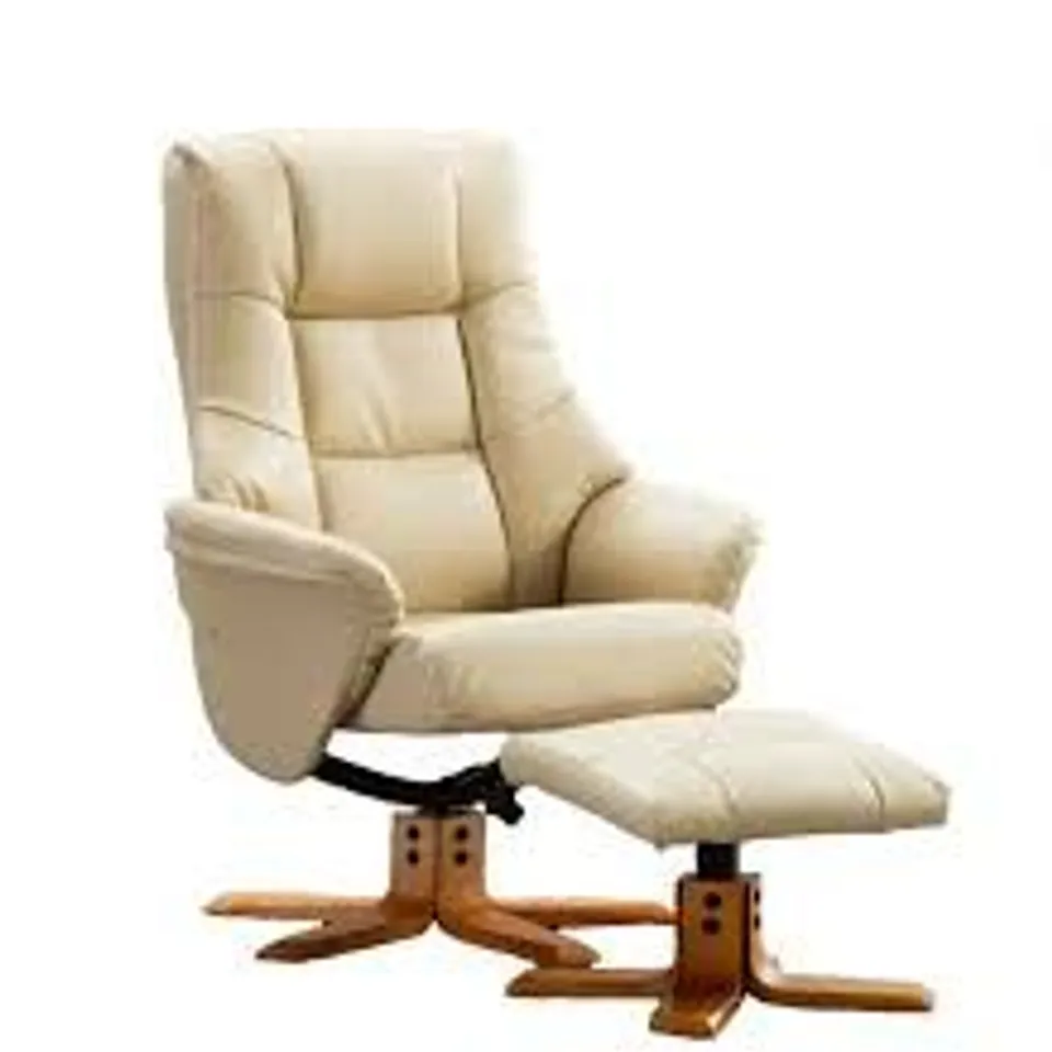 BOXED CREAM FAUX LEATHER SWIVEL RECLINER CHAIR (1 BOX)