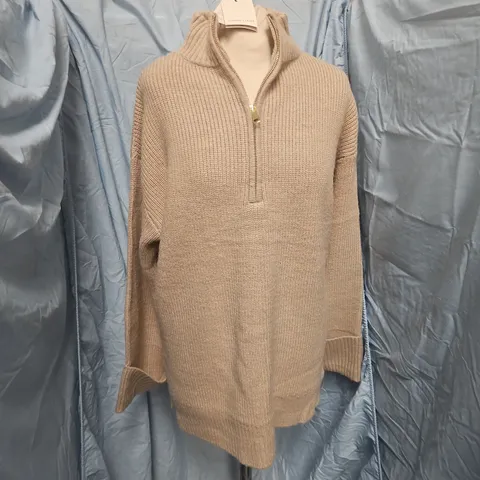 NOBODYS HOME BEIGE HALF-ZIP CHUNKY KNIT JUMPER – UK XS