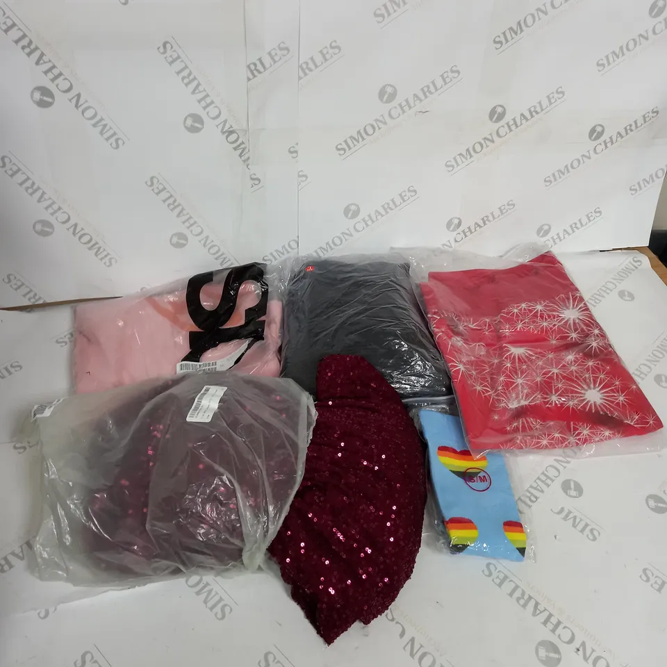LARGE BOX OF ASSORTED CLOTHING ITEMS IN VARIOUS COLOURS AND SIZES INCLUDING TROUSERS , TOPS AND JUMPERS 