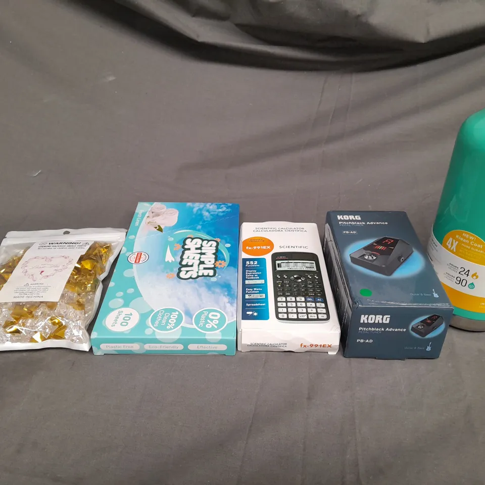 BOX OF ASSORTED HOUSEHOLD ITEMS TO INCLUDE SIMPLE SHEETS, PEDAL TUNER AND SCIENTIFIC CALCULATOR