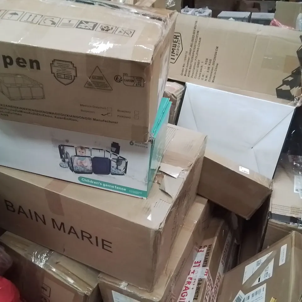 PALLET CONTAINING VARIOUS ASSORTED BOXED HOUSEHOLD ITEMS TO INCLUDE: BAIN MARIE, KIDS PLAYPENS, FOLDING CHAIR, AND LOTS MORE UNMARKED BOXED ITEMS 