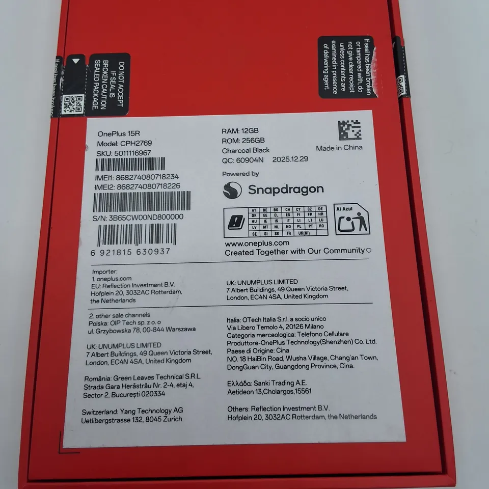 BOXED ONEPLUS 15R 12GB/256GB IN CHARCOAL BLACK - CPH2769