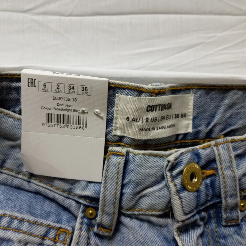 BOX OF APPROX 15 BRAND NEW COTTON:ON DAD JEANS - ROADKNIGHT BLUE RIPS SIZE AUS 6