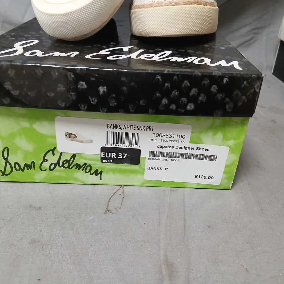 SAM EDELMAN BANKS SLIP-ON ESPADRILLE SNEAKERS – BEIGE PERFORATED UPPER, SNAKESKIN HEEL, EU 37